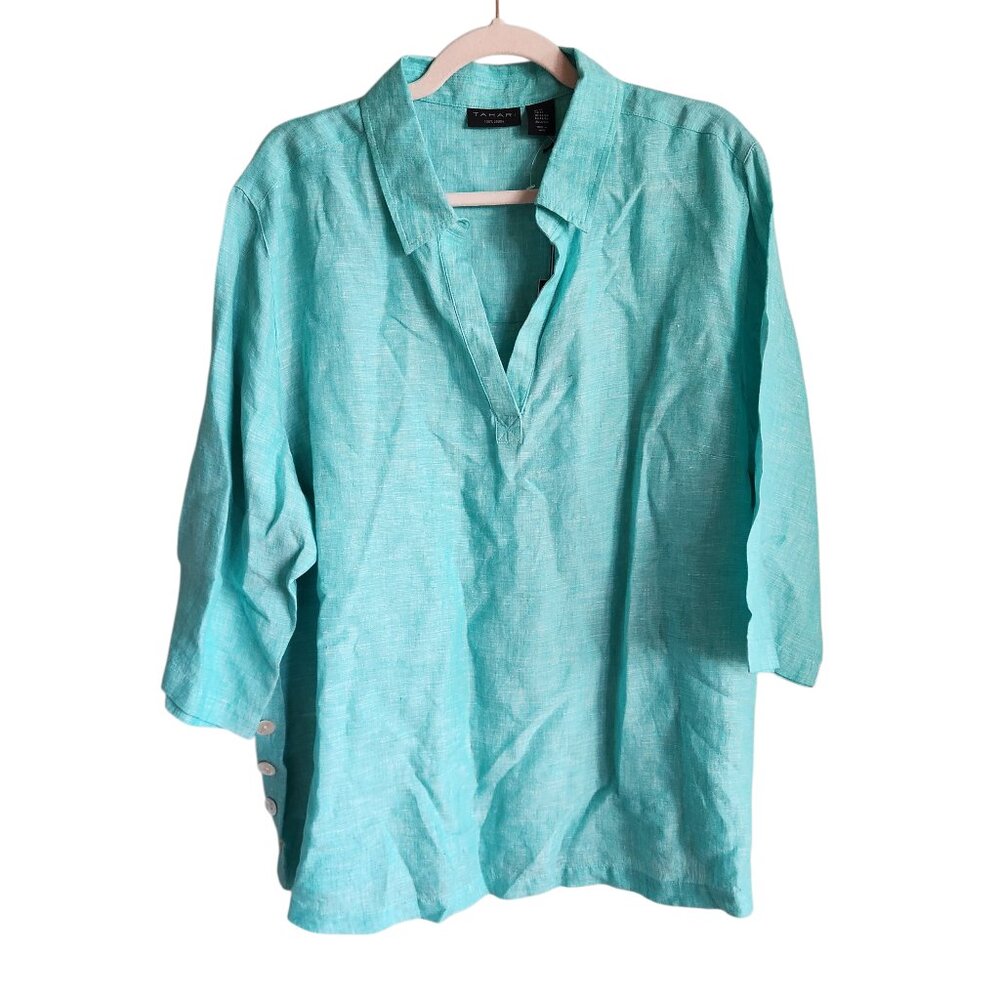Tahari Shirt Women's 2XL XXL Green V Neck 100% Linen 3/4 Sleeve Top Blouse NEW